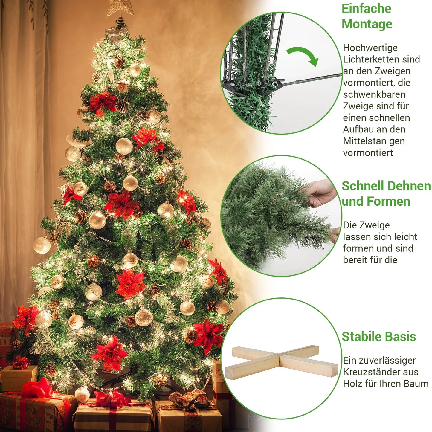 180 en 210cm Kunstkerstboom met LED Verlichting/zonder Verlichting, 510/600 Takken, PVC, Houten Standaard