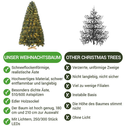 180 en 210cm Kunstkerstboom met LED Verlichting/zonder Verlichting, 510/600 Takken, PVC, Houten Standaard